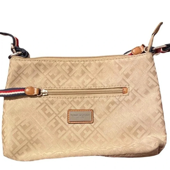 tan Tommy Hilfiger crossbody with red white and blue striped strap - Picture 2 of 3